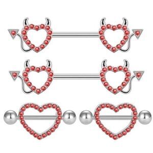 14G 316L Silver and Ruby Red Cubic Zirconia Devil & Hearts Nipplerings Set of 2